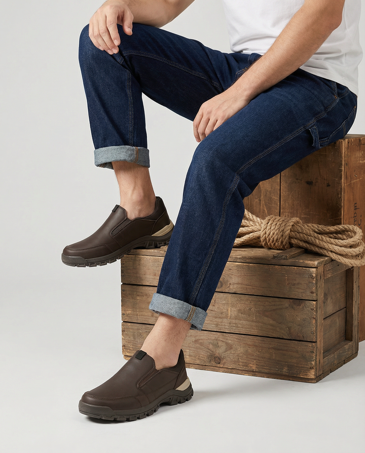 Close-up of men's brown leather loafers, highlighting quality and comfortable design.