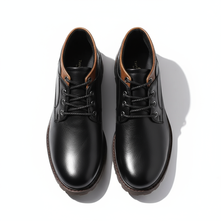 Classic black leather combat boots for men, offering timeless style and exceptional hardiness