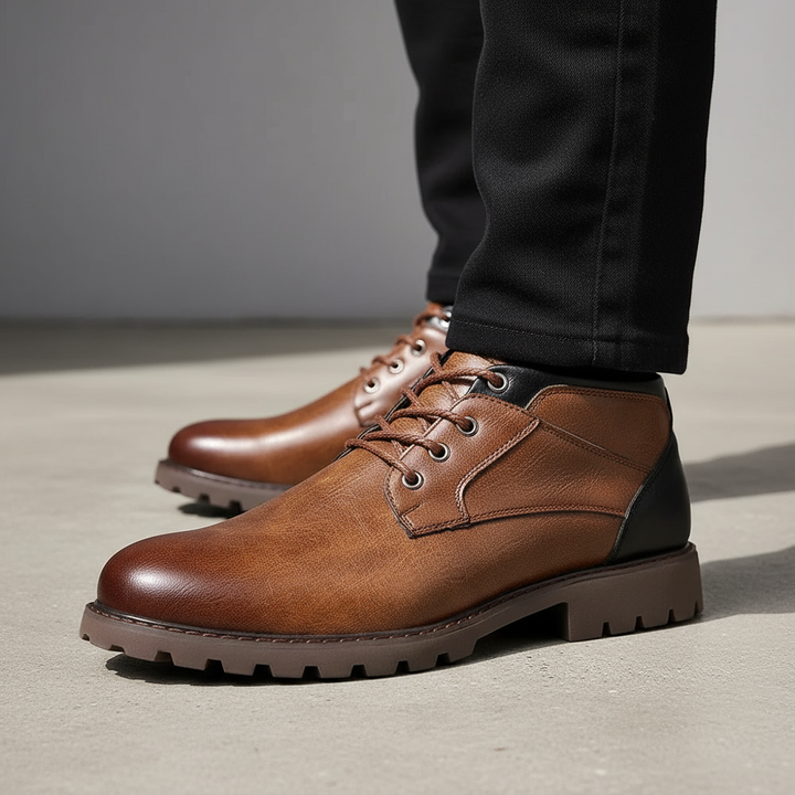 Pair of rugged brown leather combat boots, perfect for mens fashion and outdoor activities
