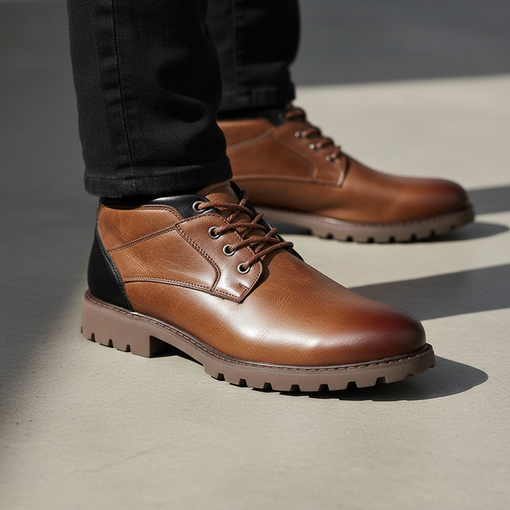 Side view of mens durable black leather work boots, featuring sturdy design and textured sole