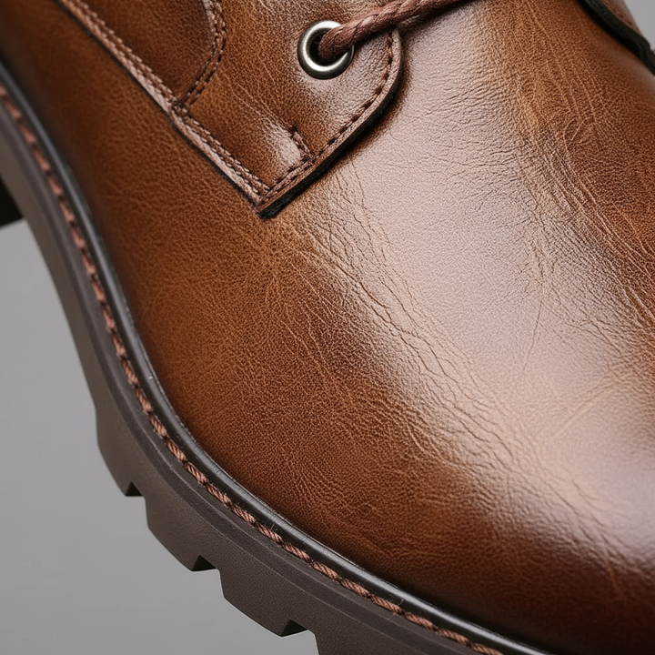 Detail of the stitching on mens brown leather combat boots, highlighting quality craftsmanship