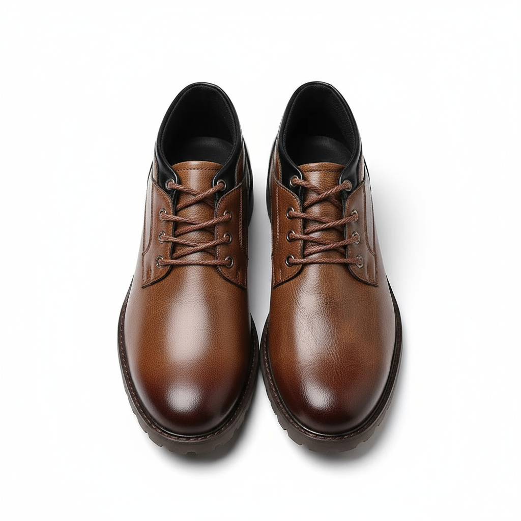 Fashionable mens brown leather boots, combining the style of combat boots with rugged durability