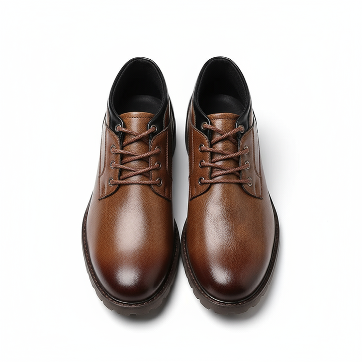 Fashionable mens brown leather boots, combining the style of combat boots with rugged durability