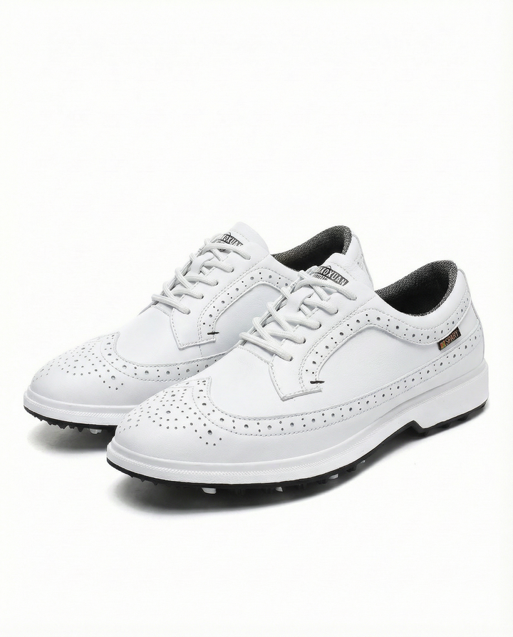 Top-down view of Men's durable leather outdoor shoes, ready for any outdoor activity.
