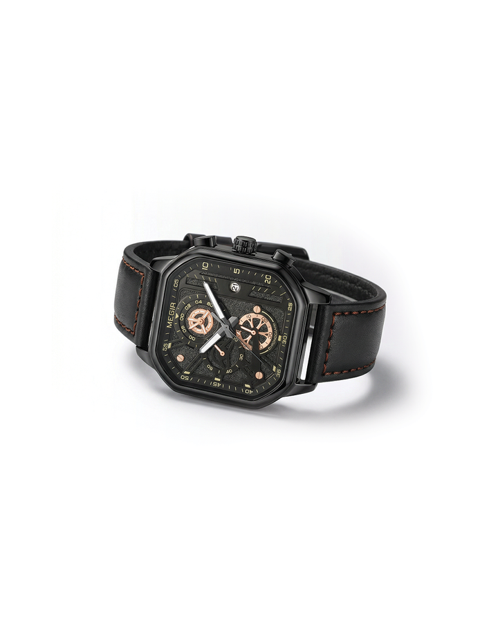 Men's durable chronograph watch with black leather strap, silver case, and white dial, perfect for everyday wear.