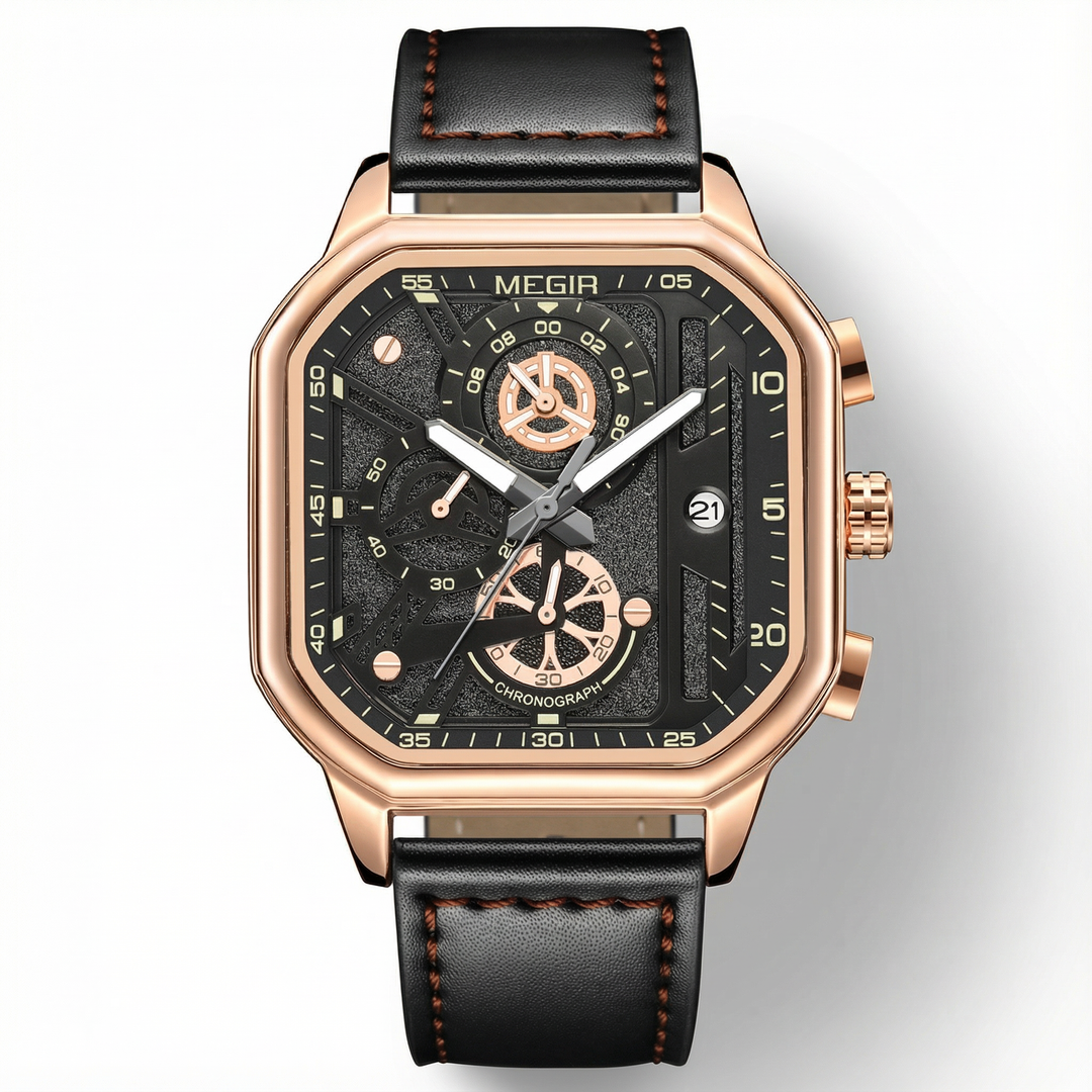 Men's rugged watch: A chronograph with a stainless steel case and a rich brown leather strap, built to last.