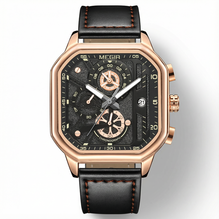 Men's rugged watch: A chronograph with a stainless steel case and a rich brown leather strap, built to last.