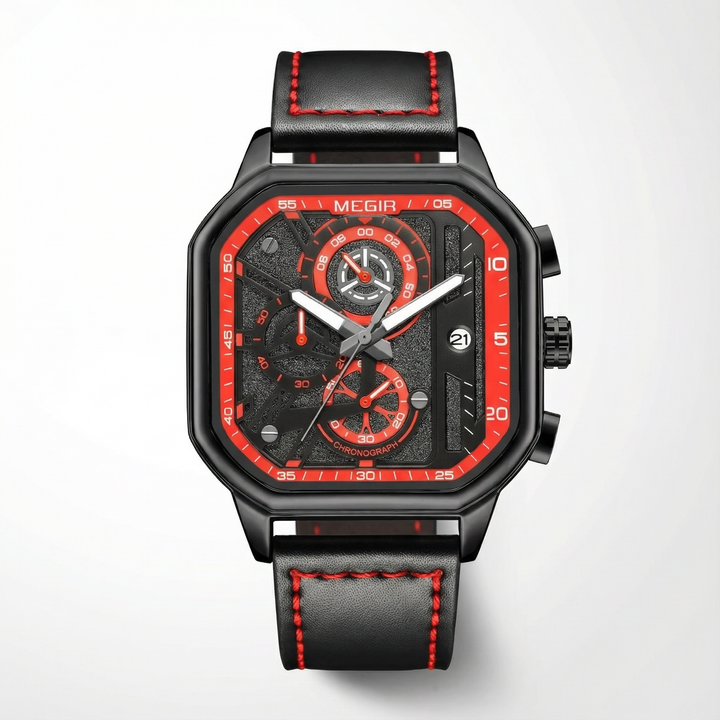 Detailed shot of the watch face of a men's chronograph, emphasizing the markers, hands, and sub-dials.