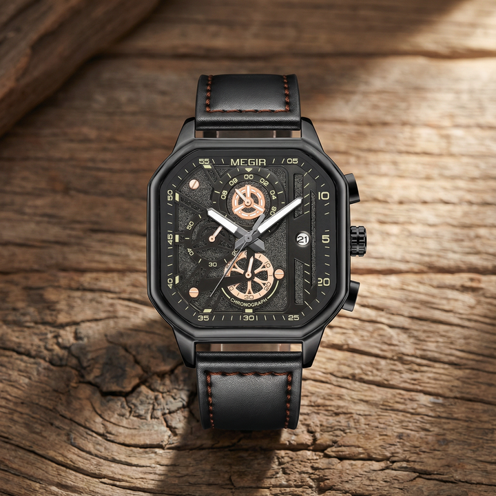 Close-up of a men's rugged chronograph watch, showcasing the detailed silver dial and precise sub-dials.