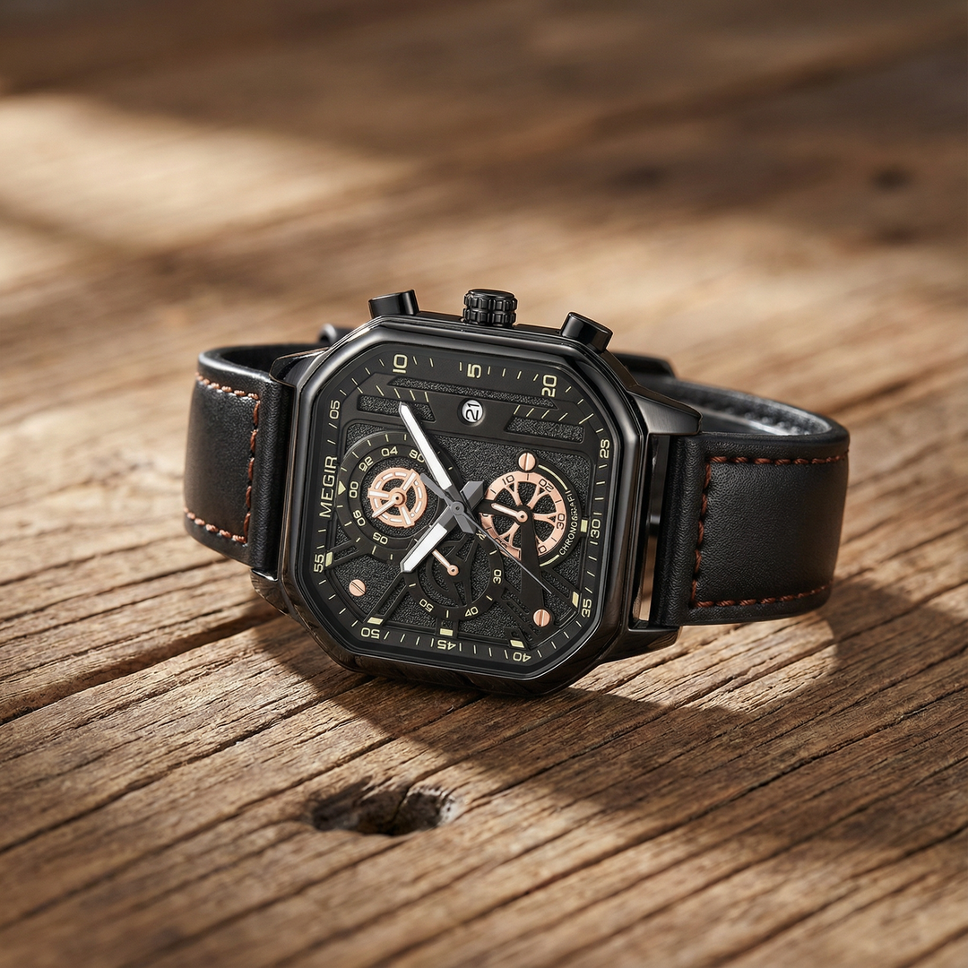 Classic men's chronograph watch featuring a comfortable brown leather strap against a neutral background.