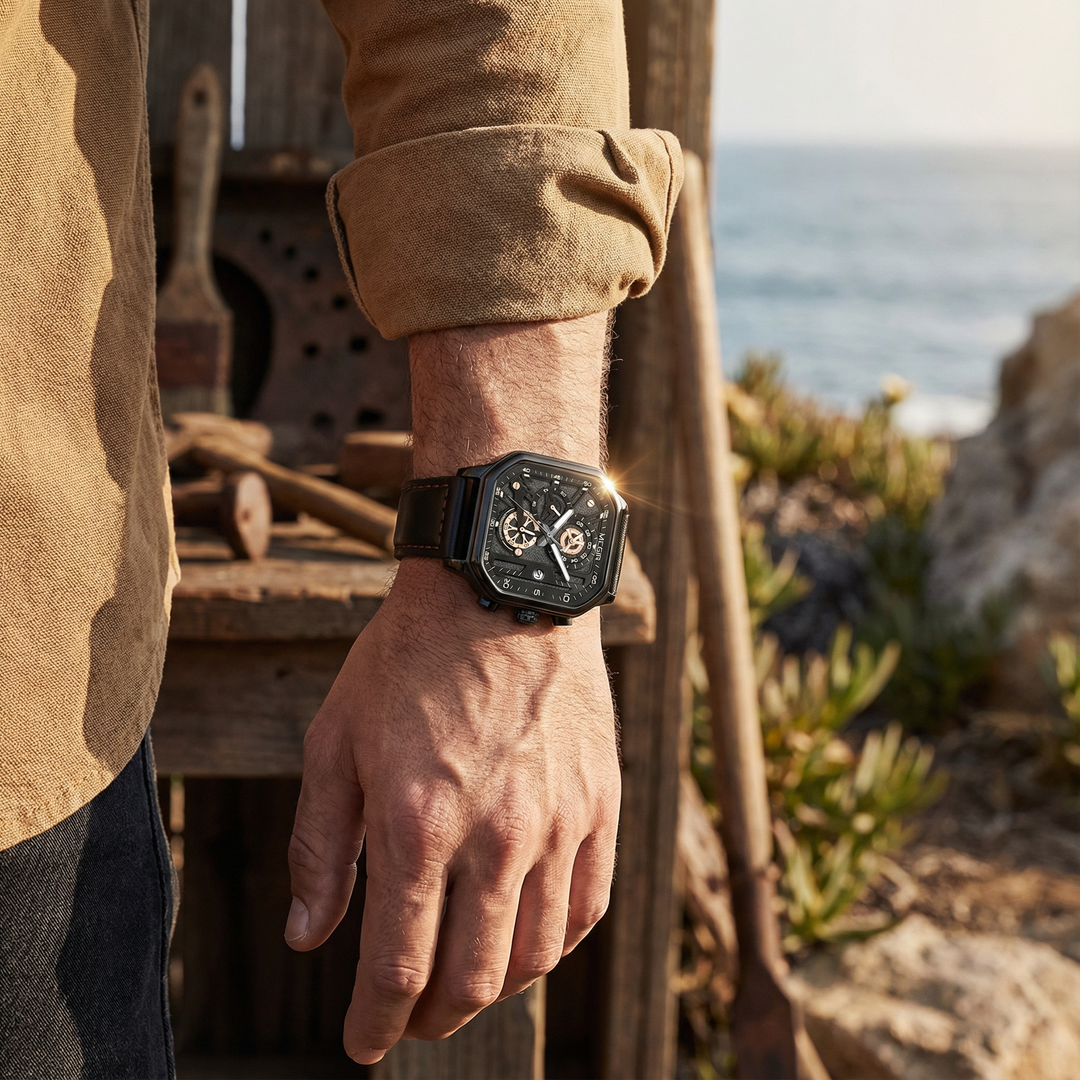 Side view of a men's chronograph watch, highlighting the sturdy case and intricate crown details.