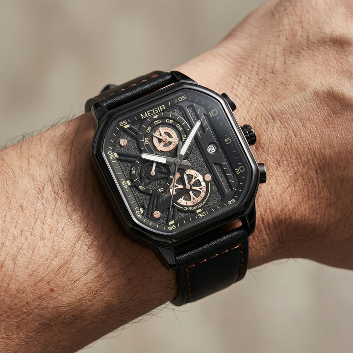 Elegant men's watch, a chronograph with a distressed leather strap, ideal for a rugged yet refined look.