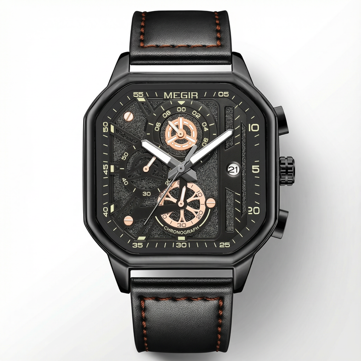 Action shot of a men's durable chronograph watch on a wrist, demonstrating its everyday wearability.