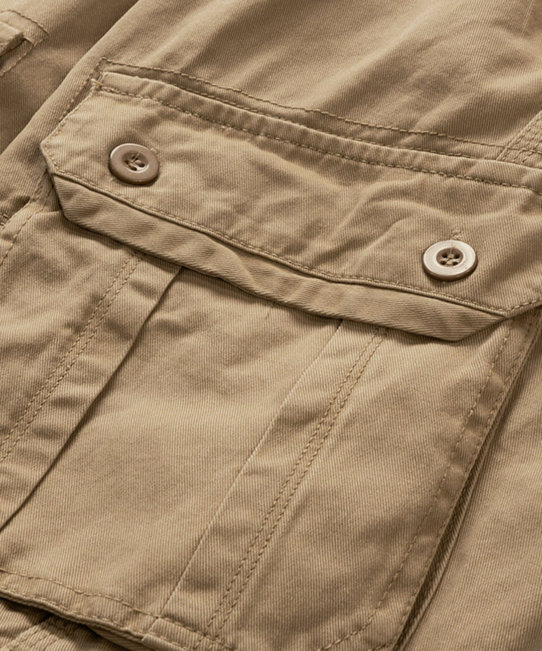 Close-up of the side cargo pocket on men's practical cotton utility shorts.