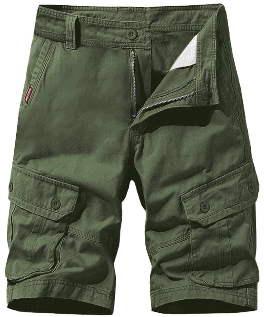 Front view of men's rugged olive green cotton cargo shorts with multiple utility pockets.