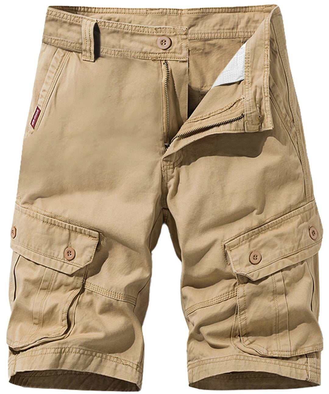 Close-up of the sturdy fabric and stitching on men's black cotton cargo shorts.