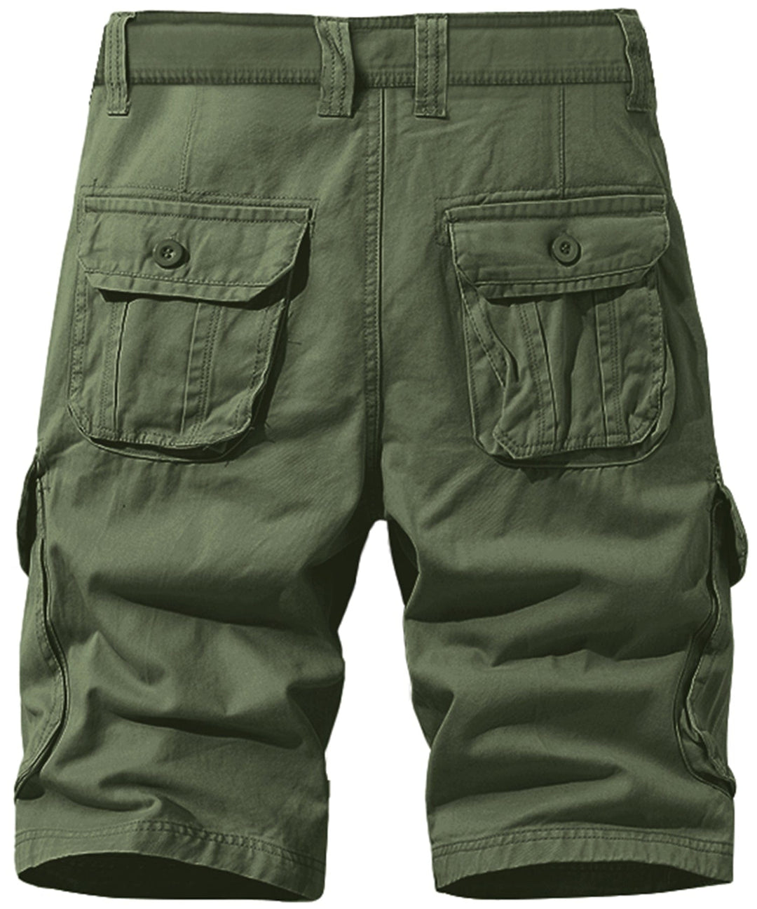 Folded pair of men's navy blue cotton cargo shorts, showcasing material and branding.