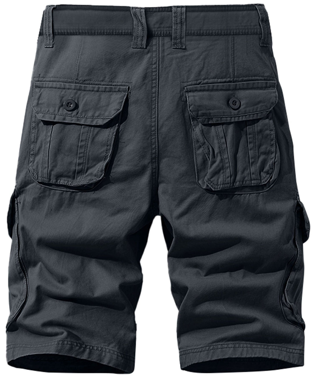 Back view of men's brown cotton cargo shorts, highlighting rear flap pockets.