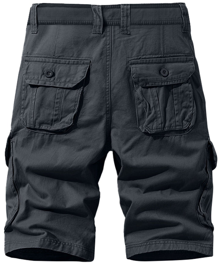 Back view of men's brown cotton cargo shorts, highlighting rear flap pockets.