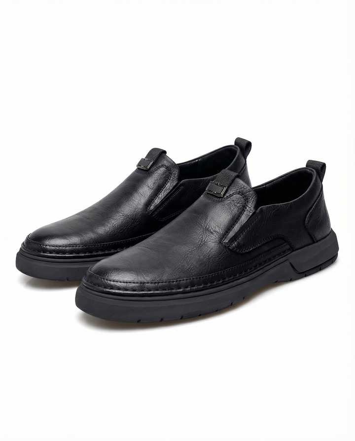 Men's durable leather slip-on shoes, black, for work or casual wear