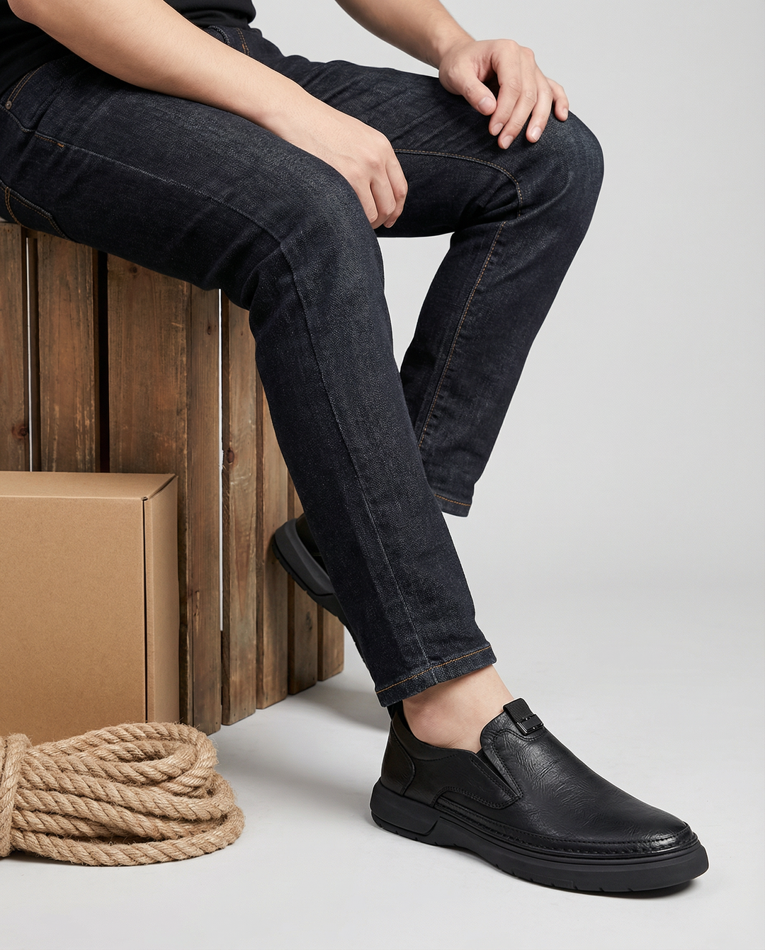 Close-up of men's comfortable brown leather slip-on work shoes