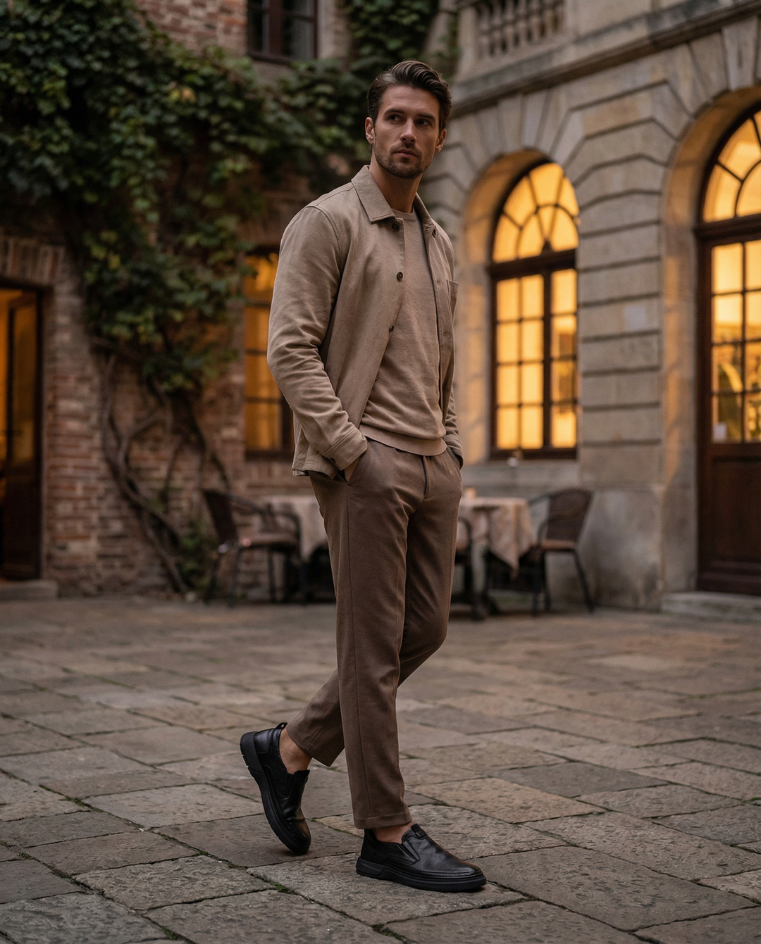 Man wearing comfortable men's leather slip-on shoes outdoors, casual style