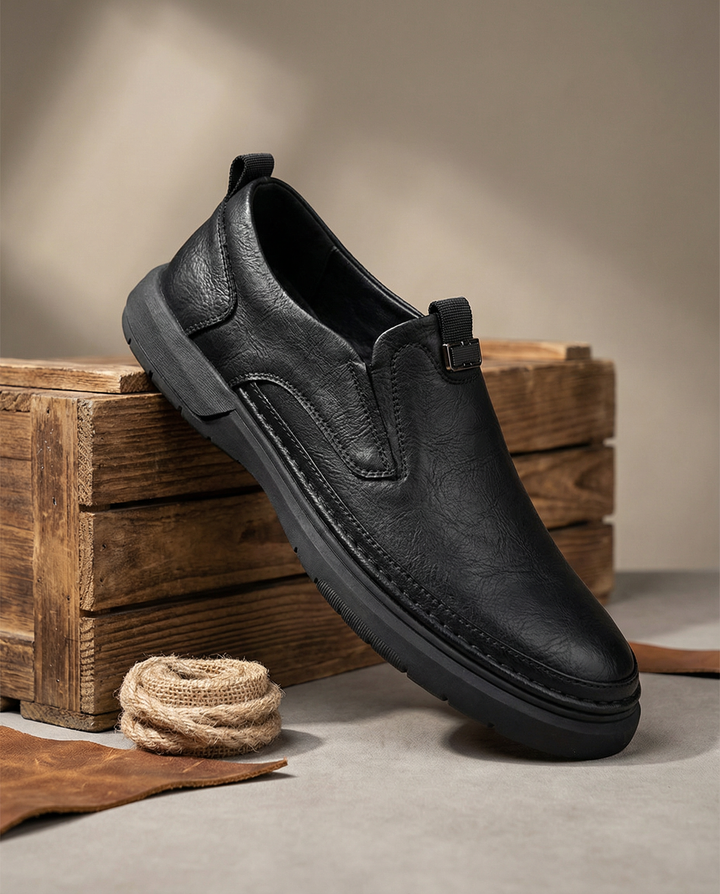 Detail of unique texture on men's durable brown leather slip-on shoes