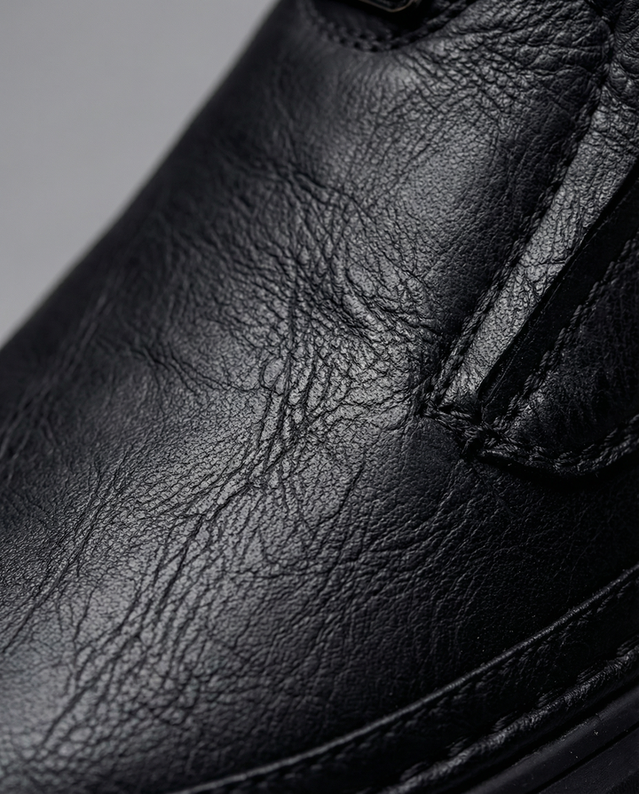 Pair of black men's slip-on leather shoes on a white background, comfortable