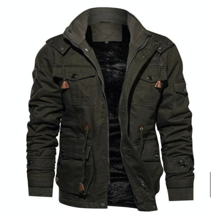Close-up of the patch pocket on a men's pilot bomber utility jacket, highlighting its functionality