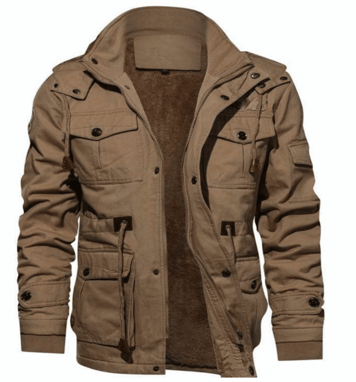 Complete outfit featuring a men's fleece-lined pilot bomber jacket, paired with jeans and boots