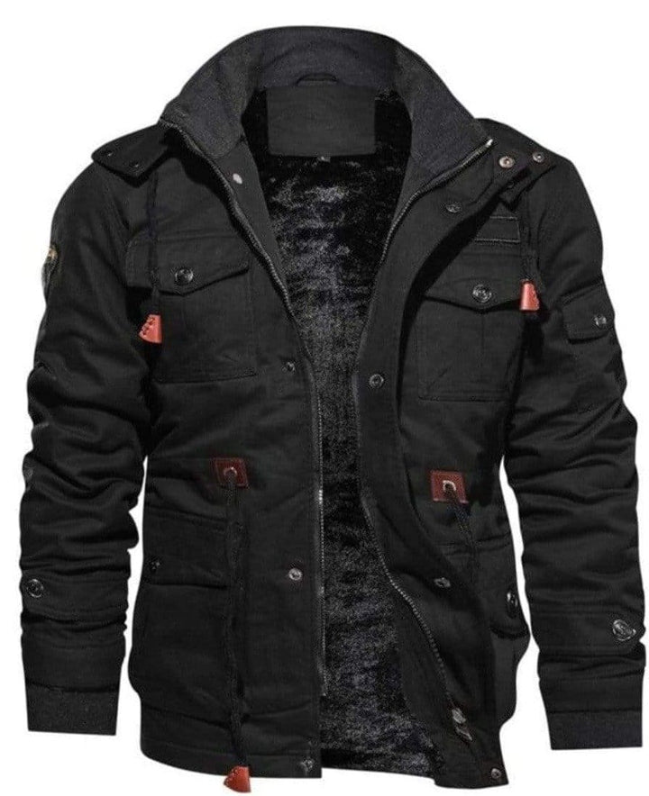 Side profile of men's utility bomber jacket, showcasing the comfortable fit and warm fleece lining