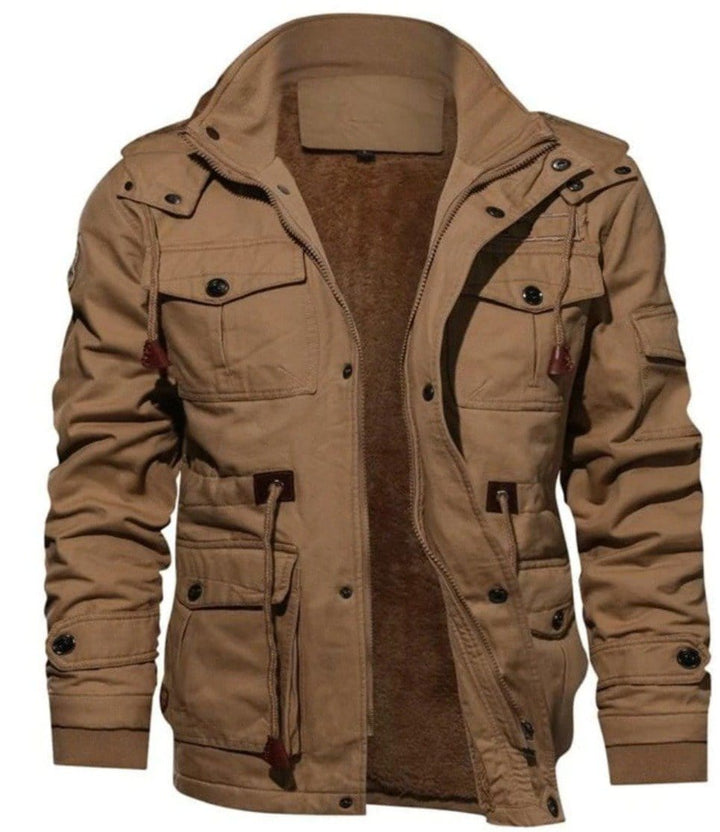 Back view of a heavy-duty men's pilot bomber jacket, emphasizing its durable construction