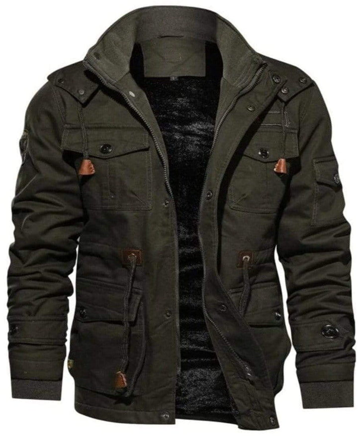 Detail of the fleece lining inside the collar of a men's warm pilot bomber winter coat