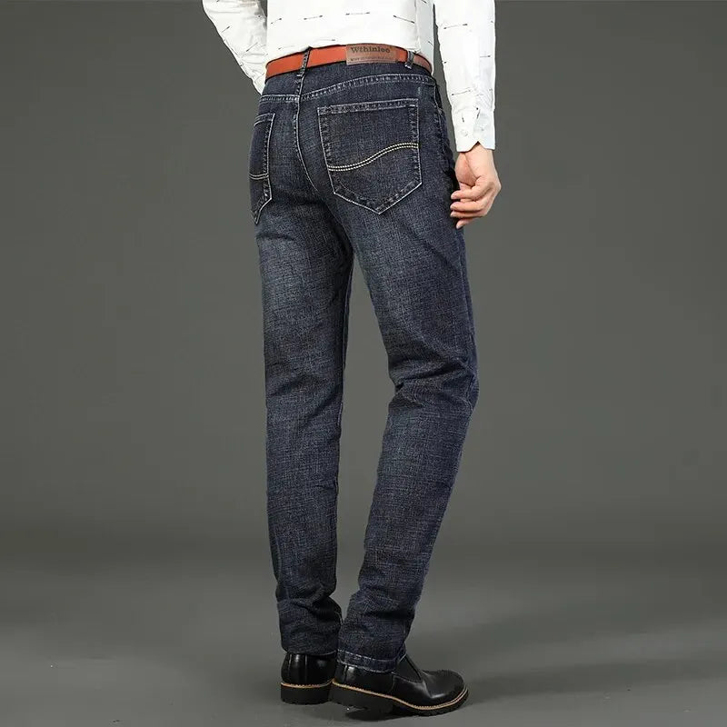 Full shot of men's straight leg durable jeans, perfect men's apparel for active or casual use.