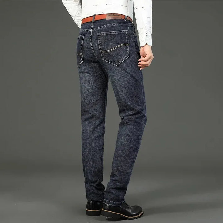Full shot of men's straight leg durable jeans, perfect men's apparel for active or casual use.