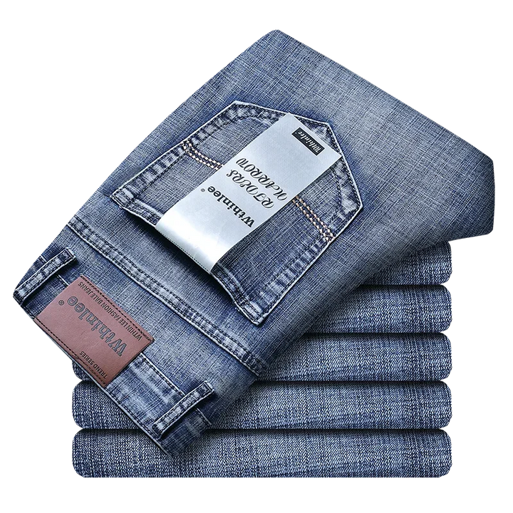 Stack of men's durable stretch denim jeans, versatile men's apparel for various occasions.