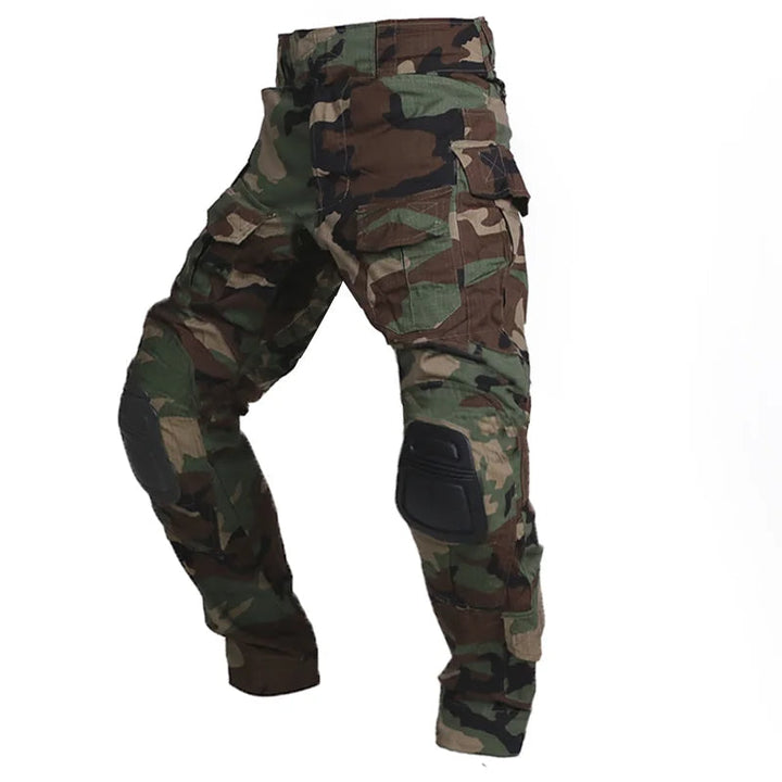 Khaki men's tactical cargo pants with knee pads, durable military-style utility pants for tough jobs.