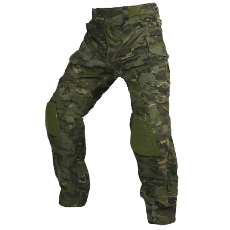 Black men's tactical cargo pants, durable workwear with integrated knee pads for safety & comfort.