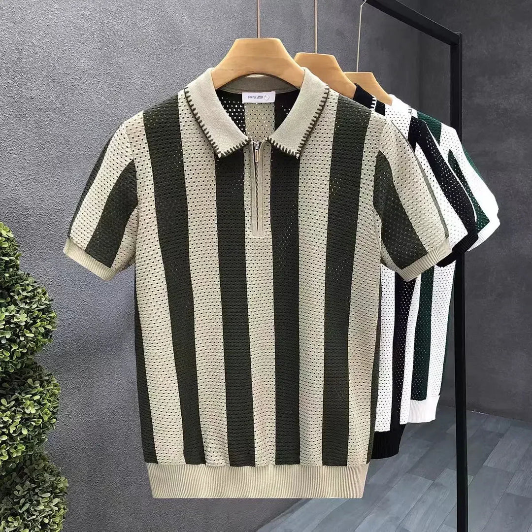 Men's Effortless Striped Zip Polo Shirt in modern style, perfect for summer casual wear. Comfortable short sleeve top.