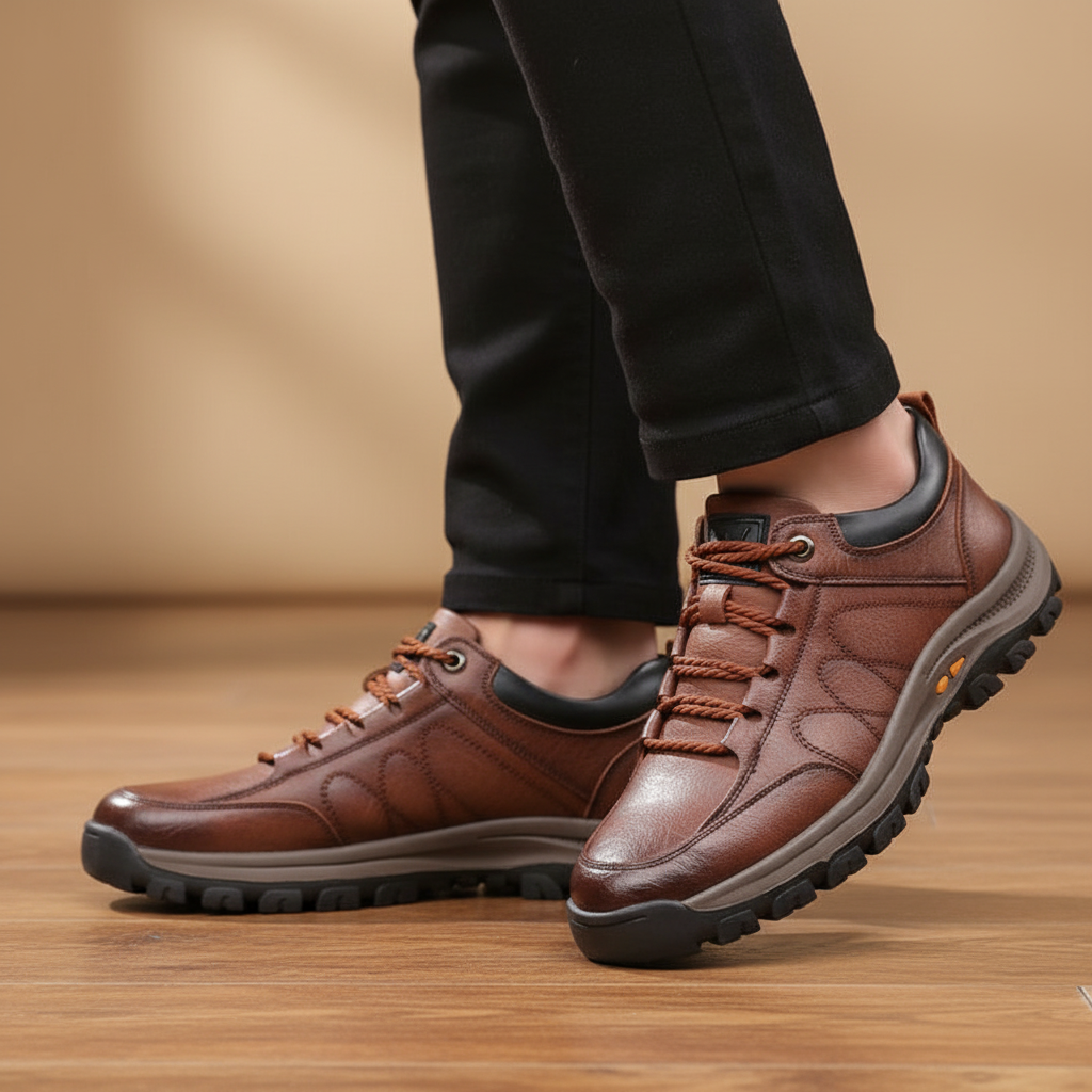 Men's elegant brown leather lace-up orthopedic shoes for all-day comfort, ideal for office & everyday wear.