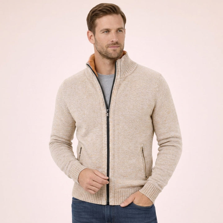 Modern men's full zip sweater with a sleek design. Great for men's fashion, offering versatile comfort.