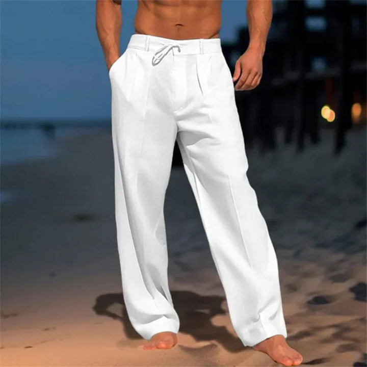 Casual men's khaki linen trousers for summer elegance. Breathable straight-leg pants for warm weather comfort.