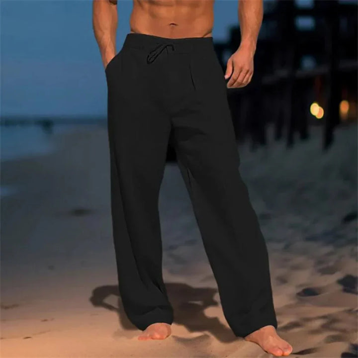 Men's comfortable khaki linen trousers. Elegant, breathable straight-leg pants, ideal for summer casual wear.