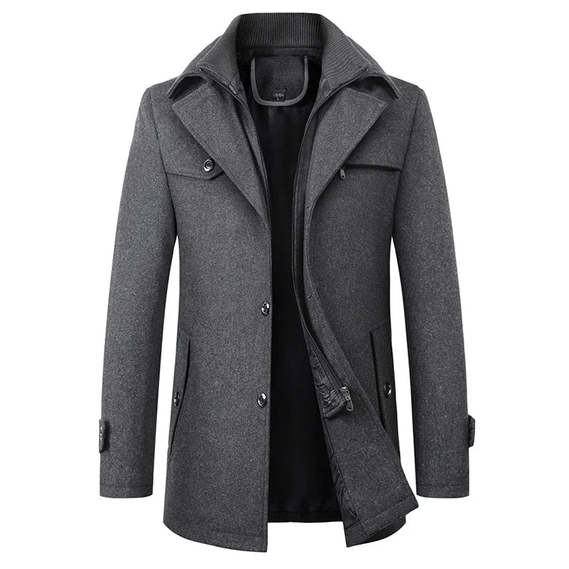 Stylish men's winter overcoat featuring a long cut and button-down front, ideal for elegant cold-weather attire.