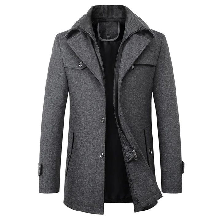 Stylish men's winter overcoat featuring a long cut and button-down front, ideal for elegant cold-weather attire.