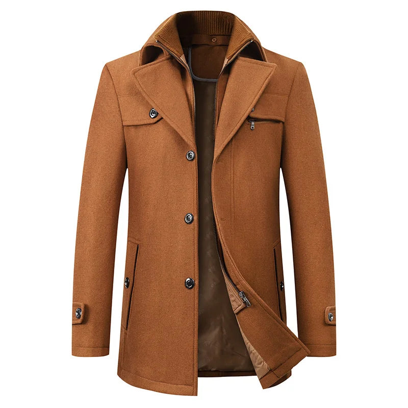Front view of a men's elegant long winter overcoat with button detailing, showcasing its classic tailored fit.