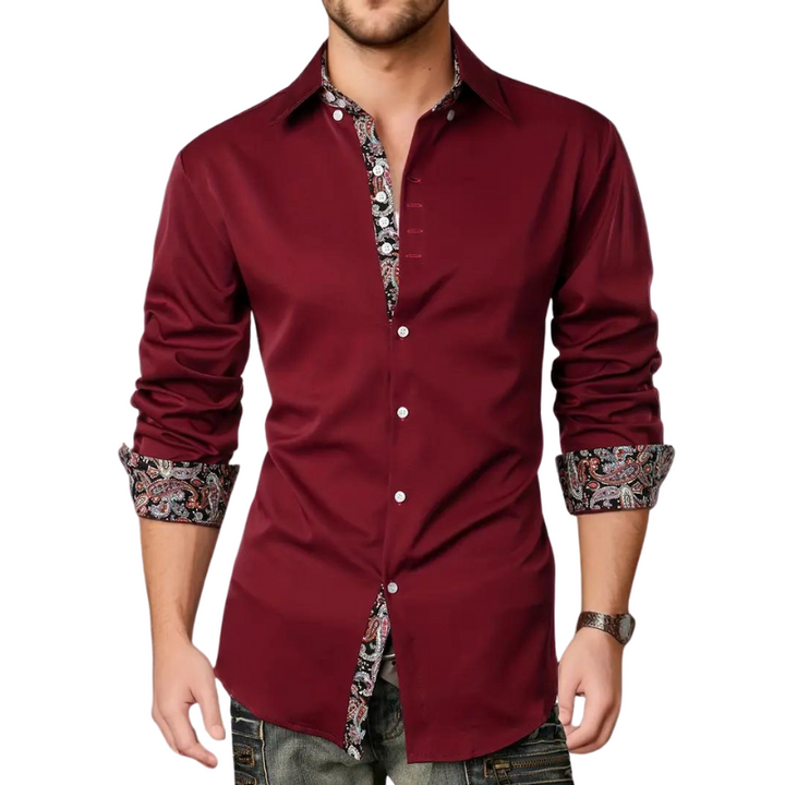 Blue men's slim fit party shirt, elegant long sleeve design. Versatile for formal events or casual nights.