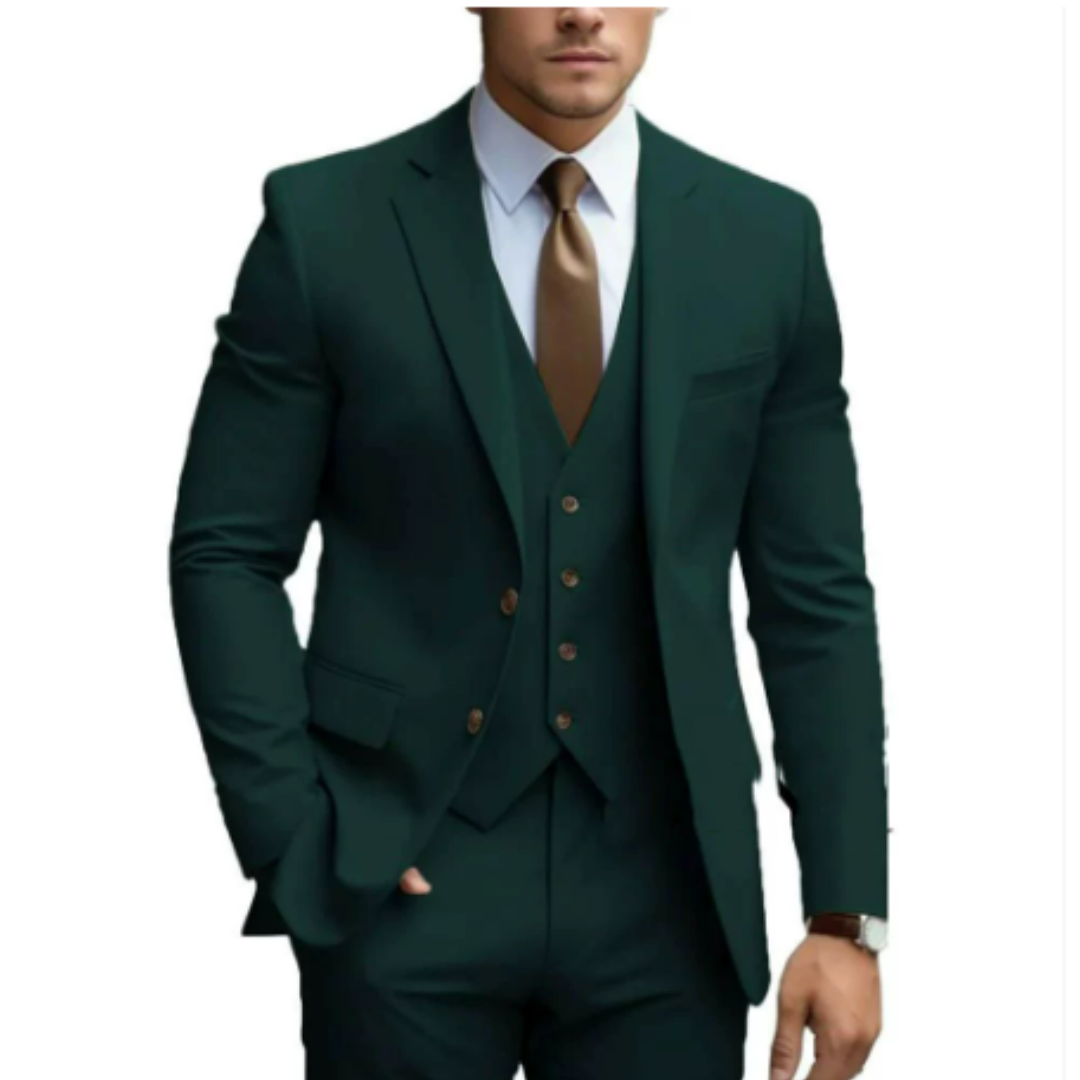 Men's elegant tailored slim-fit three-piece suit for formal events, business meetings, or weddings.