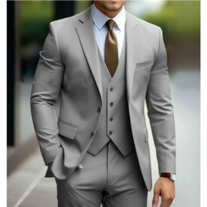 High-quality tailored slim-fit men's three-piece suit, embodying modern elegance and sophisticated formal style.