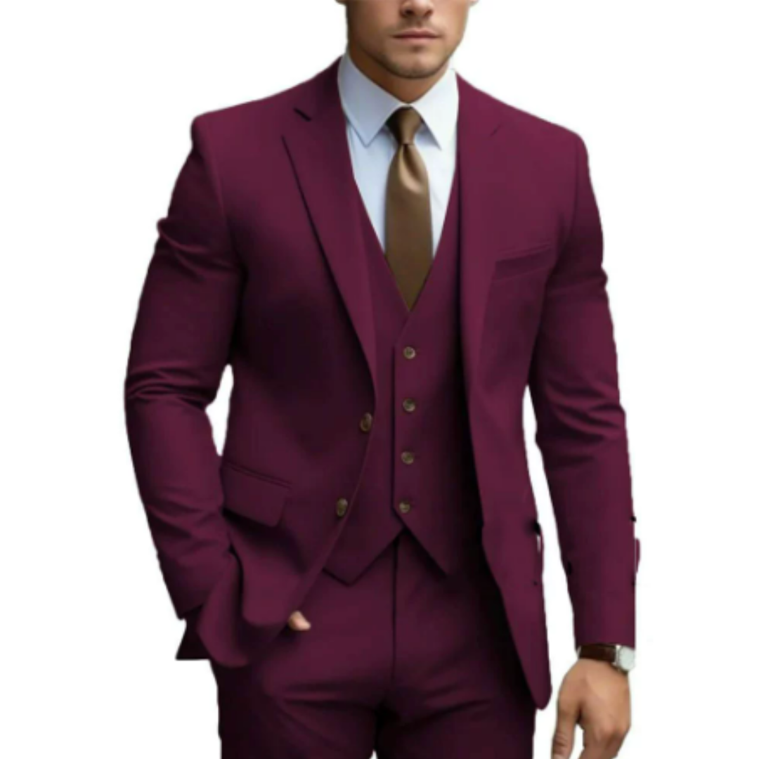 Men's slim-fit waistcoat from a tailored three-piece suit, ideal for wedding attire or business events.